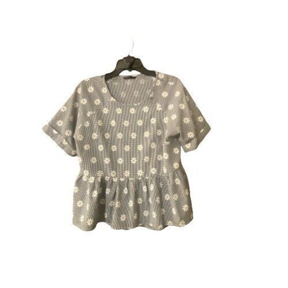 SheIn Gingham Check Daisies Short Sleeve Ruffle Womens Top Size 0XL - Picture 2 of 7